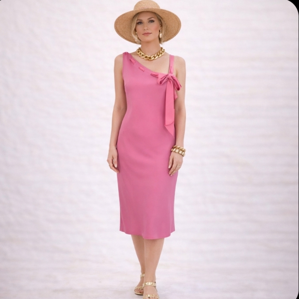 Evan Picone Vintage Pink Gardenia Midi Dress Unique Chiffon Bodice Bow Sz 12